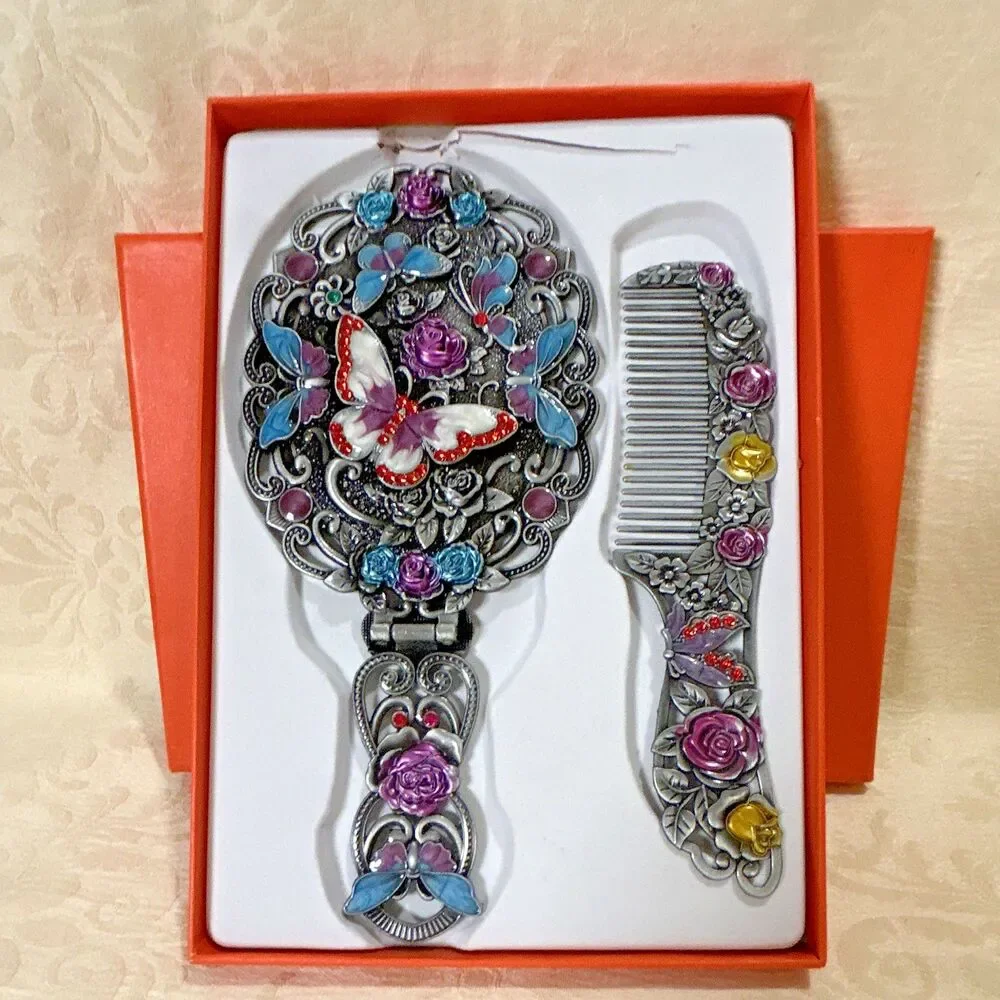 Vintage Style Enamel Butterfly Vanity Set Folding Hand Mirror & Hair Comb In Box